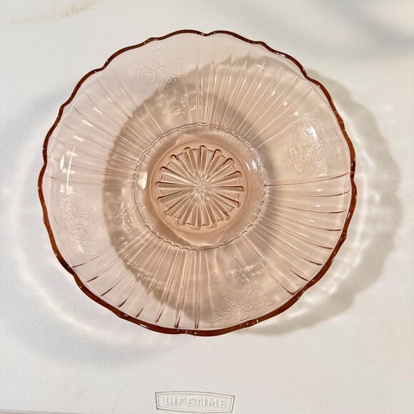 Mayfair Open Rose Pink Depression Glass Serving Bowl Floral Etched Pattern Vinta - Picture 4 of 9